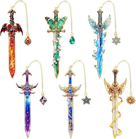 6Pcs Fantasy Sword Metal Bookmarks Set, Cool Wing Bookmark, Fantasy Bookmark Gifts for Book Lover, Reading Accessories for Books Journals Planners, 1.57 x 4.33in in Saudi Arabia