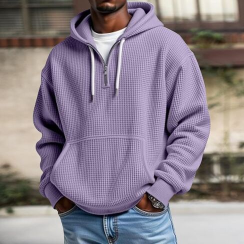 JOFOW Men's Quarter Zip Hoodies Casaul Long Sleeve Waffle Knit Hooded Sweatshirt Fashion Pullover in Saudi Arabia
