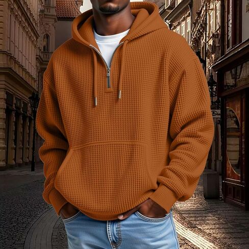 JOFOW Men's Quarter Zip Hoodies Casaul Long Sleeve Waffle Knit Hooded Sweatshirt Fashion Pullover in Saudi Arabia