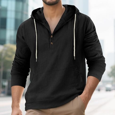 Men's Lightweight Linen Pullover, with Front Pocket and Long Sleeves, Drawstring Hooded Sweatshirt, for Casual Wear in Saudi Arabia