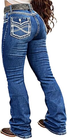 Flamingals Boot Cut Jeans for Women Mid Waist Butt Lifting Tummy Control Embroidered Stretchy Flare Denim Jeans in Saudi Arabia