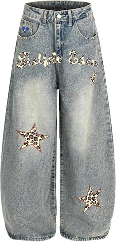 Aelfric Eden Baggy Barrel Jeans Leopard Star Wide Leg Jeans Y2k Streetwear Casual Denim Pants Trousers in Saudi Arabia