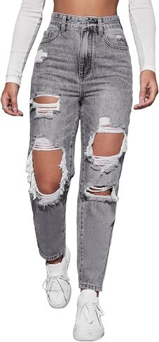 Women's High Waist Straight Leg Ripped Jeans Distressed Denim Pants in Kuwait