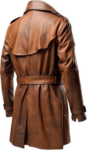 Men’s Genuine Sheepskin Double-Breasted Belted Leather Trench Coat | BROWN in Saudi Arabia
