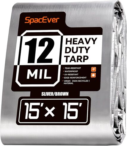 Tarp Heavy Duty 12x12 FT, 12 Mil Thick Large Tarps Water-Proof with Grommets, UV& Tear Resistant, Plastic Cover for Pool Roof Tent Outdoor Firewood, Silver& Brown in Kuwait