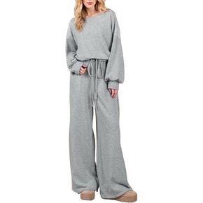 بذلة نسائية بأكمام طويلة ورقبة قارب واسعة وسروال قصير بخصر مطاطي ورباط وسروال طويل in Kuwait