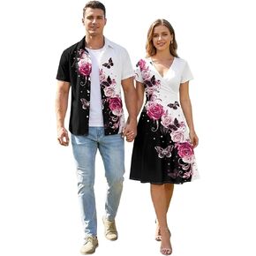 DRESSFO Couple Matching Hawaiian Outfits Butterfly Rose Print A-line Dress or Men's Short Sleeve Button Up Shirt in Saudi Arabia