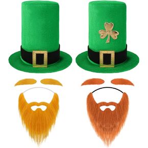2 Pack St. Patrick’s Day Leprechaun Hat Costume with Leprechaun Beard Irish Green Clover Top Hat for Adults St Patricks Day Hat Party Favors Leprechaun Costume Accessories in Kuwait