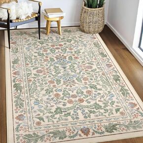 Beige Floral 8x10 Area Rugs for Living Room Large Washable Rug Vintage Forest Low Pile Non Slip Stain Resistance Soft Carpet for Dining Room, Bedroom, Office Rug, Kids Room, Nursery Room, Playroom in Saudi Arabia