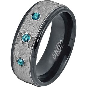0.21ct Blue Diamond 3-Stone Tungsten Ring - April Birthstone - 8MM Two-Tone Black-Plated Grey Hammered Center Stepped Edge Comfort Fit Unisex Wedding Anniversary Band in Kuwait