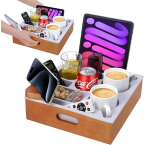 صينية حامل أكواب الأريكة، علبة أريكة خشبية من السيليكون الناعم مع مقبض للحمل، حامل أكواب الأريكة لمنظم السرير والسيارة على الشاطئ، حامل أكواب الأريكة مضاد للانسكاب للوجبات الخفيفة والمشروبات عن بعد (بني) in Kuwait