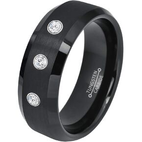 0.21ct Diamond 3-Stone Tungsten Ring - April Birthstone - 8MM Dome Black Ion-Plated Flat Brushed Finish Center Beveled Edge Comfort Fit Unisex Wedding Anniversary Band in Kuwait
