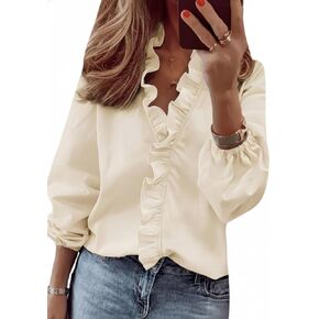 Women’s Long Sleeve V Neck Ruffled Trim Blouse Lightweight Lantern Or Puff Sleeve Casual Top Solid Floral Script Prints in Saudi Arabia