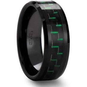 Atilus Beveled Black Ceramic Wedding Band with Black & Green Carbon Fiber by Thorsten Jewelry - 8mm in Kuwait