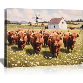 Poemwish Highland Cow Wall Art، ديكور بقرة المرتفعات لرعي القطيع، لوحة فنية جدارية من القماش ذات المناظر الطبيعية مع الحظيرة وطاحونة الهواء، مشهد رعوي، ديكور المزرعة الريفية باللون الأخضر والأبيض in Saudi Arabia