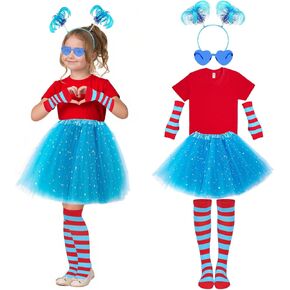 Girls Tutu Dress Set, Kids Red T Shirt, Blue Skirt, Glasses, Headband, Striped Gloves/Socks for Halloween Cosplay in Saudi Arabia
