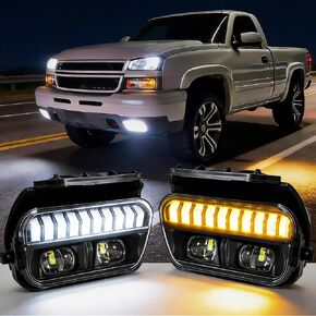 مصابيح ضباب LED مع ضوء الجري النهاري (DRL أبيض، إشارة انعطاف كهرمانية) لسيارة Chevy Silverado 2003-2006 جميع الموديلات، Avalanche 2002-2006، مصابيح ضباب لقيادة الشاحنة الصغيرة، عدسات شفافة، زوج واحد in Kuwait