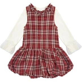 Girls Plaid Puff Ruffle Sleeveless Dress Set Long Sleeve Shirt Dresses Fall Outfits 2-8Y in Kuwait