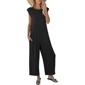 Women's Summer Casual Round Neck Loose Cap Sleeve Long Pants Vacation Jumpsuit Romper with Pockets in Saudi Arabia