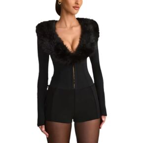 Womens Sexy Black Jumpsuit Faux Fur Collar Rompers Deep V Neck Long Sleeve Corset Jumpsuit Date Night Club Outfits in Saudi Arabia
