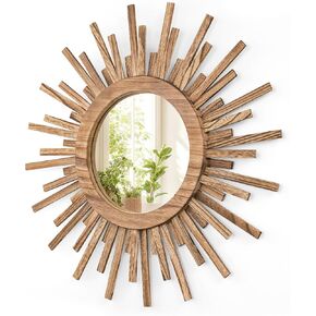 مرآة بوهو صن برست مقاس 24 بوصة، مرآة خشبية مستديرة لتزيين الحائط مرآة شمسية لغرفة النوم وغرفة المعيشة والحمام والممر والشرفة ومدخل المزرعة وهدية الانتقال لمنزل جديد in Kuwait