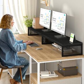 حامل شاشة كمبيوتر مقاس 55.2 بوصة من EnHomee، رف مكتب لأعلى المكتب لشاشات 3 * 23 بوصة/كمبيوتر محمول/كمبيوتر شخصي/طابعات، حامل تلفزيون لتلفزيون 65 60 55 بوصة لغرفة النوم والمكتب المنزلي، بني ريفي in Kuwait