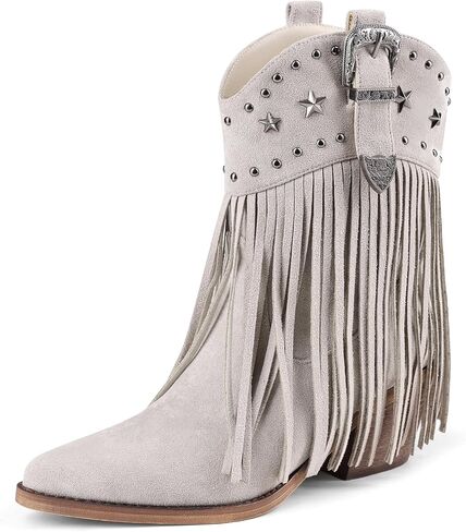 Women Cowgirl Cowboy Boots, Western Ankle Fringe Boots Pointed Toe with Star Studs & Buckle, Retro Suede Short Pull Off Boots with Chunky Heel for Music Festivals & Concerts in Saudi Arabia