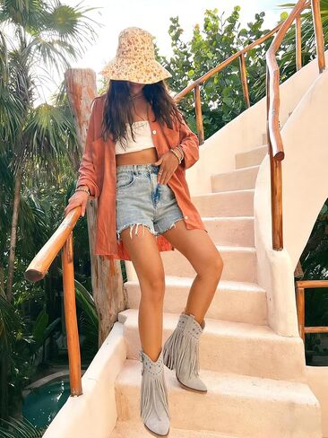 Women Cowgirl Cowboy Boots, Western Ankle Fringe Boots Pointed Toe with Star Studs & Buckle, Retro Suede Short Pull Off Boots with Chunky Heel for Music Festivals & Concerts in Saudi Arabia