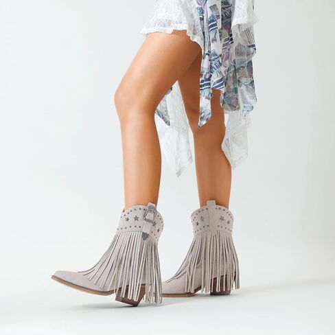 Women Cowgirl Cowboy Boots, Western Ankle Fringe Boots Pointed Toe with Star Studs & Buckle, Retro Suede Short Pull Off Boots with Chunky Heel for Music Festivals & Concerts in Saudi Arabia