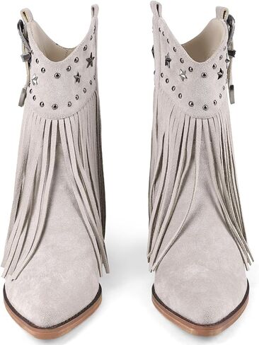 Women Cowgirl Cowboy Boots, Western Ankle Fringe Boots Pointed Toe with Star Studs & Buckle, Retro Suede Short Pull Off Boots with Chunky Heel for Music Festivals & Concerts in Saudi Arabia