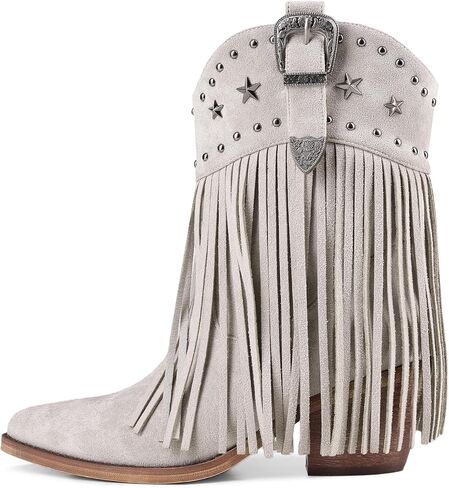 Women Cowgirl Cowboy Boots, Western Ankle Fringe Boots Pointed Toe with Star Studs & Buckle, Retro Suede Short Pull Off Boots with Chunky Heel for Music Festivals & Concerts in Saudi Arabia