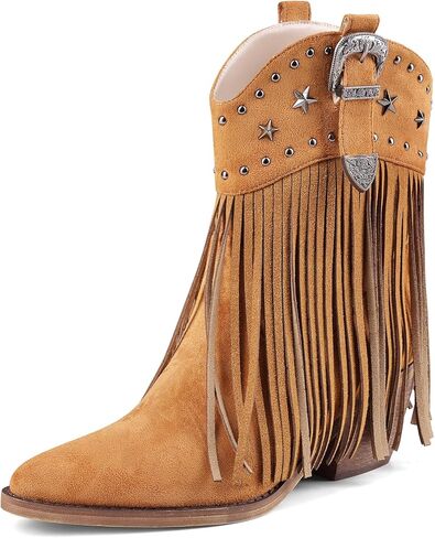 Women Cowgirl Cowboy Boots, Western Ankle Fringe Boots Pointed Toe with Star Studs & Buckle, Retro Suede Short Pull Off Boots with Chunky Heel for Music Festivals & Concerts in Saudi Arabia