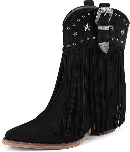Women Cowgirl Cowboy Boots, Western Ankle Fringe Boots Pointed Toe with Star Studs & Buckle, Retro Suede Short Pull Off Boots with Chunky Heel for Music Festivals & Concerts in Saudi Arabia