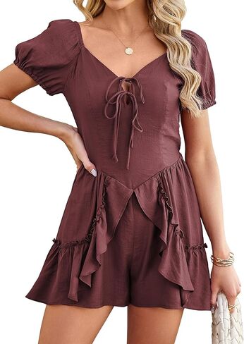 ECOWISH Women Summer Short Romper Puff Short Sleeve Tie Front V Neck Ruffle Cute Rompers Dress Outfits with Pockets in Saudi Arabia