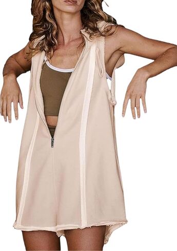 Women's Zip Up Romper Sleeveless Athletic Hooded Summer Loose Shorts Jumpsuits with Pockets in Saudi Arabia