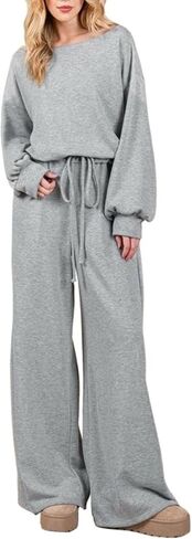 بذلة نسائية بأكمام طويلة ورقبة قارب واسعة وسروال قصير بخصر مطاطي ورباط وسروال طويل in Kuwait