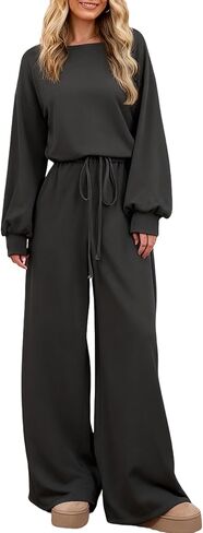 Women's Long Sleeve Jumpsuits Casual Boat Neck Wide Leg Rompers Elastic Waist Drawstring Long Pants Overalls in Saudi Arabia