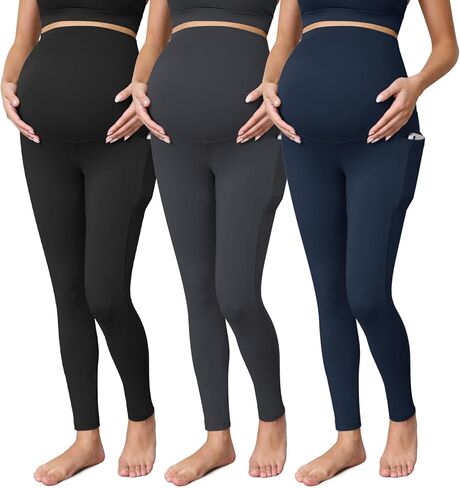 Buttergene 3 Pack Women's Maternity Leggings with Pockets Over The Belly Maternity Yoga Pants Pregnancy Leggings in Saudi Arabia