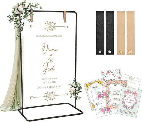 حامل لافتة ترحيب لحفلات الزفاف - حامل عالي التحمل قابل للتعديل مع حزمة تصميم وأشرطة جلدية، حامل لافتة زفاف لعلامات الترحيب، عرض مخططات الجلوس (أبيض) in Kuwait