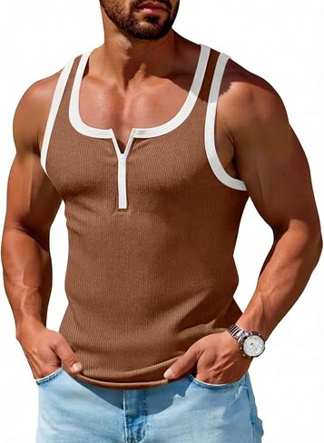 Runcati Mens Workout Tank Tops Ribbed Knit Sleeveless Quarter Zip T Shirts Muscle Gym Fitness Tee in Saudi Arabia