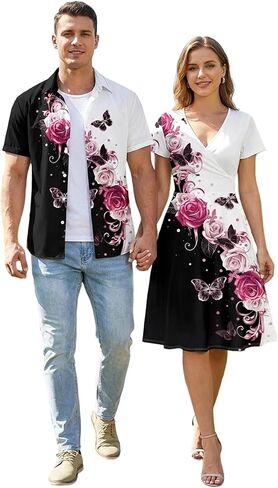 DRESSFO Couple Matching Hawaiian Outfits Butterfly Rose Print A-line Dress or Men's Short Sleeve Button Up Shirt in Saudi Arabia