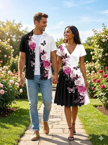 DRESSFO Couple Matching Hawaiian Outfits Butterfly Rose Print A-line Dress or Men's Short Sleeve Button Up Shirt in Saudi Arabia