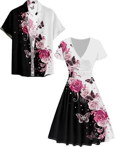 DRESSFO Couple Matching Hawaiian Outfits Butterfly Rose Print A-line Dress or Men's Short Sleeve Button Up Shirt in Saudi Arabia