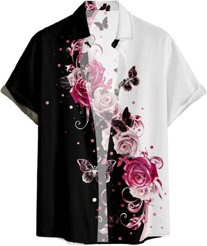 DRESSFO Couple Matching Hawaiian Outfits Butterfly Rose Print A-line Dress or Men's Short Sleeve Button Up Shirt in Saudi Arabia
