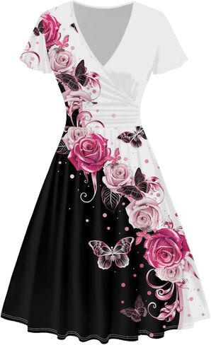 DRESSFO Couple Matching Hawaiian Outfits Butterfly Rose Print A-line Dress or Men's Short Sleeve Button Up Shirt in Saudi Arabia