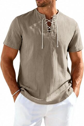 JEMITOP Mens Retro Lace Up Pure Cotton Linen-Like Versatile Breathable Lightweight Shirts for Beach Summer Hippie Boho in Kuwait
