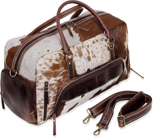 Leather Duffel Bag for Men & Women, Genuine Weekender Travel Bag, Handmade Overnight Gym Bag with Shoulder Strap, Carry-On for Business & Outdoor Travel (Yukon Hair Duffel, Brown & White, 22 Inch) in Saudi Arabia