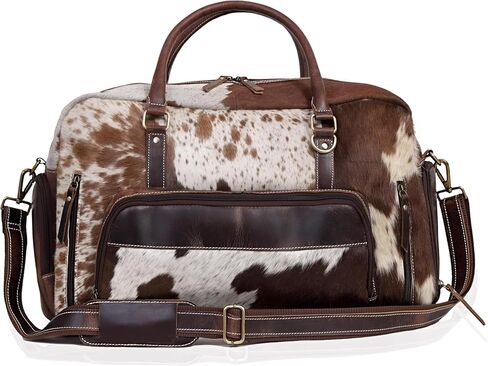 Leather Duffel Bag for Men & Women, Genuine Weekender Travel Bag, Handmade Overnight Gym Bag with Shoulder Strap, Carry-On for Business & Outdoor Travel (Yukon Hair Duffel, Brown & White, 22 Inch) in Saudi Arabia