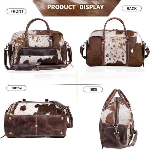 Leather Duffel Bag for Men & Women, Genuine Weekender Travel Bag, Handmade Overnight Gym Bag with Shoulder Strap, Carry-On for Business & Outdoor Travel (Yukon Hair Duffel, Brown & White, 22 Inch) in Saudi Arabia