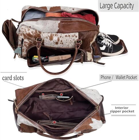 Leather Duffel Bag for Men & Women, Genuine Weekender Travel Bag, Handmade Overnight Gym Bag with Shoulder Strap, Carry-On for Business & Outdoor Travel (Yukon Hair Duffel, Brown & White, 22 Inch) in Saudi Arabia